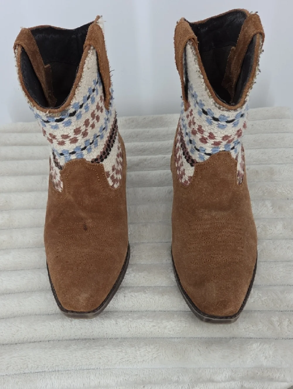 Roper Brown Suede Ankle Boots with Woven Multi-Color Shaft